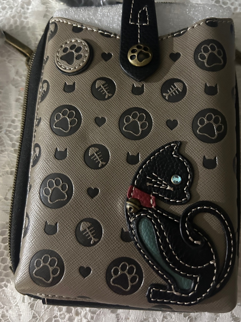 Chala Taupe Cat Appliqué Zip Around Wallet